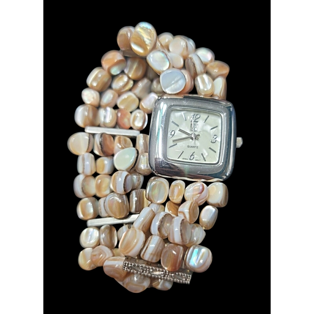 New York & Company Silver and Mother of Pearl Shell Beaded Stretch Women's Watch